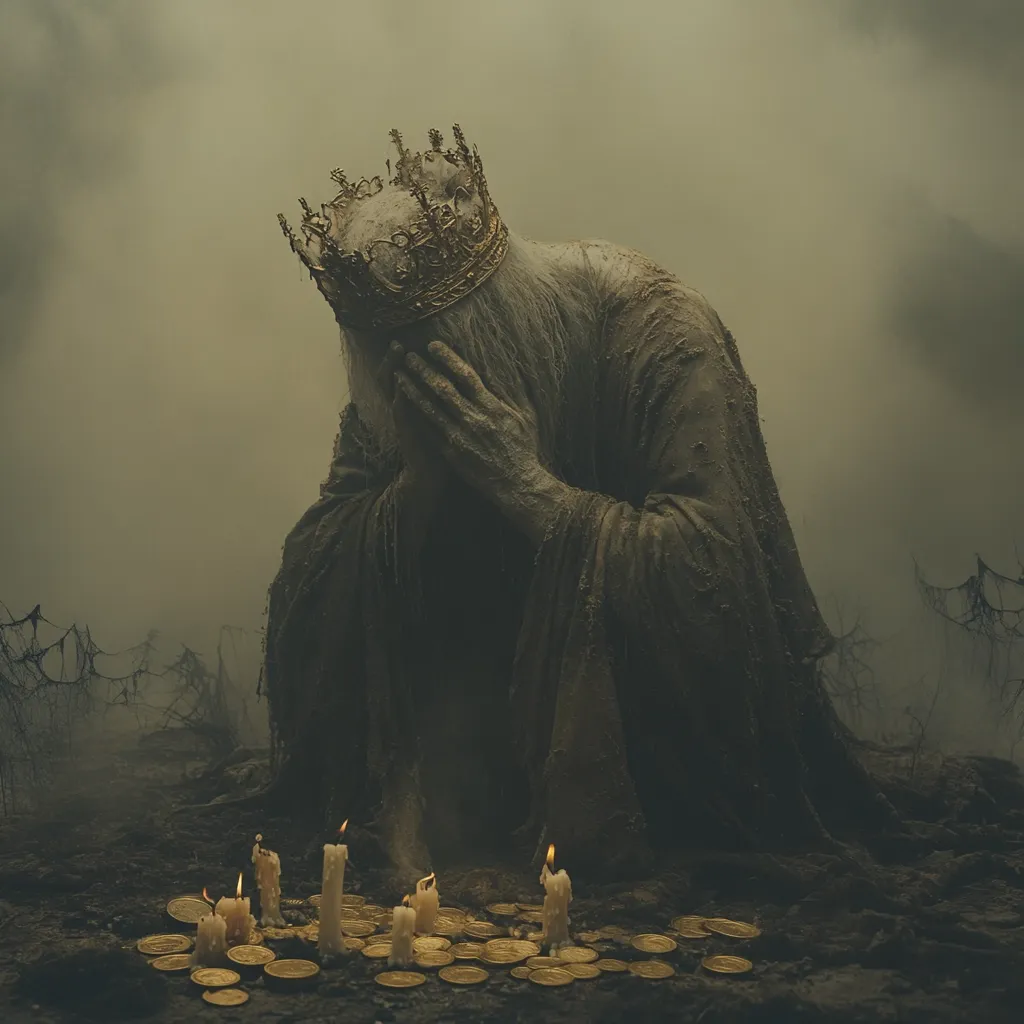 A figure cloaked in shadows and wearing a golden crown kneels in a desolate, misty landscape. Their head is bowed in sorrow or prayer. The figure is surrounded by a ring of flickering candles and scattered golden coins, suggesting a ritual or offering. The scene evokes a sense of mystery, loss, and perhaps even despair.