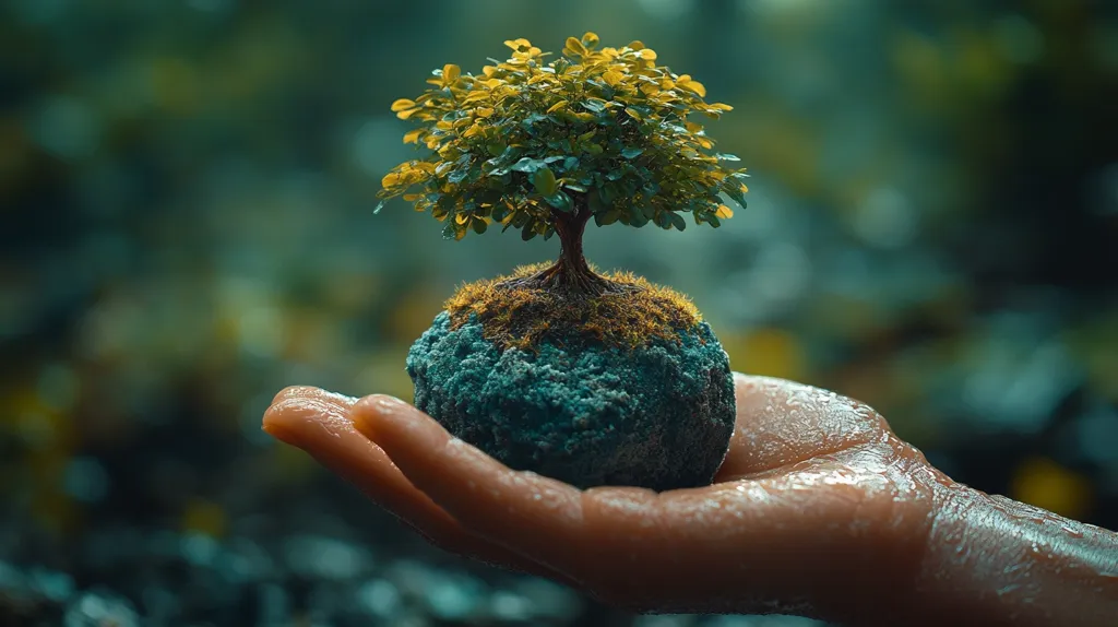 A small, green tree with yellow leaves grows from a round, mossy rock. The rock rests gently in a human hand, which appears wet and glistening. The background is a blurred, green forest, creating a serene and peaceful atmosphere. The image symbolizes the delicate balance of nature and the importance of nurturing life.