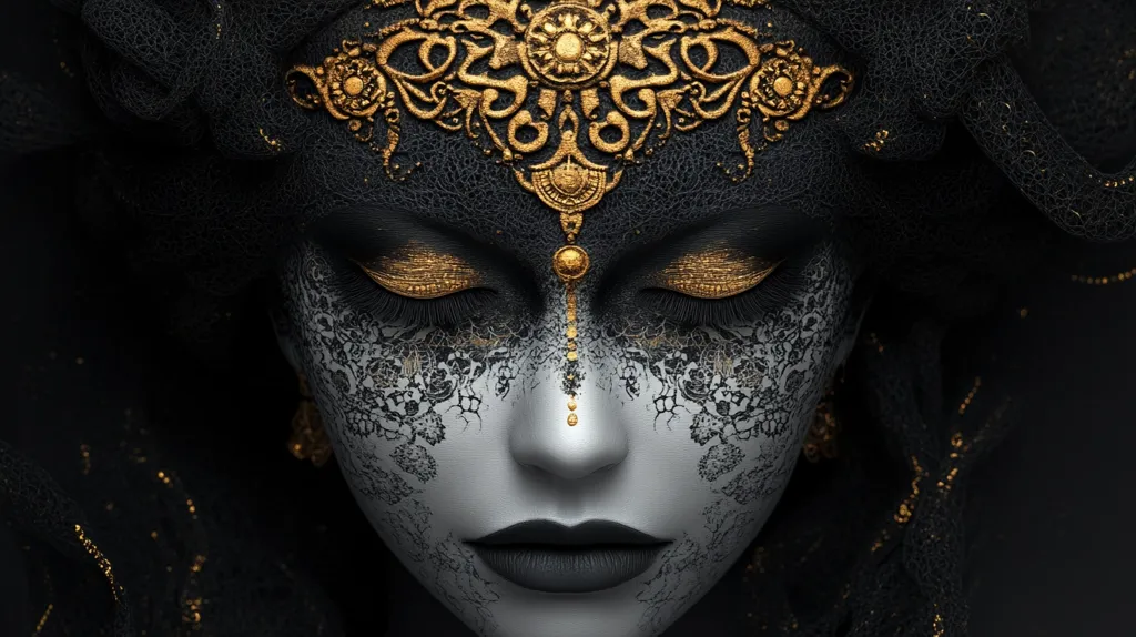 The image shows a woman's face with her eyes closed. Her face is adorned with intricate gold and black patterns. She is wearing a black veil that is covering her head and neck. The overall tone of the image is dark and mysterious.