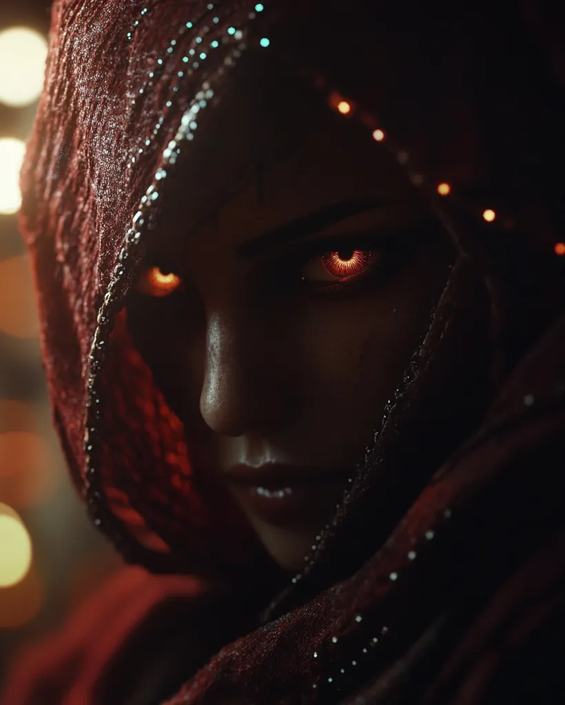 The image features a woman's face, partially obscured by a dark red hood, with glowing orange eyes. The face is lit from the side, casting shadows that emphasize the intensity of her gaze. The image evokes a sense of mystery and intrigue, with the woman's eyes hinting at a hidden power or purpose. The dark background adds to the enigmatic atmosphere, leaving the viewer to wonder about her story.