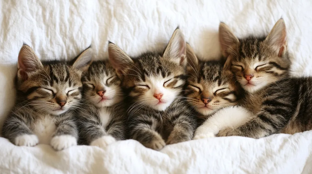 Four adorable tabby kittens are nestled together in a white blanket, fast asleep with their eyes closed. Their soft, fluffy fur and peaceful expressions create a heartwarming scene. The kittens are curled up in a tight embrace, showcasing their bond and the comfort they find in each other's company. The image captures the innocence and sweetness of kittens at rest.