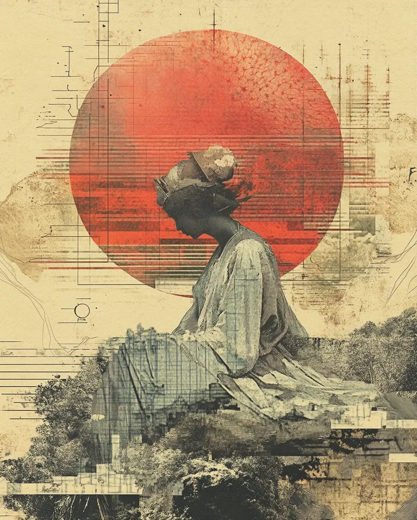 The image is a digital collage with a vintage aesthetic. It features a woman in a long dress sitting in profile, with a large red circle behind her that resembles a sun or moon. The image is layered with various textures and patterns, creating a sense of depth and complexity. The overall tone is melancholic and dreamy. The image is likely meant to be symbolic and open to interpretation.