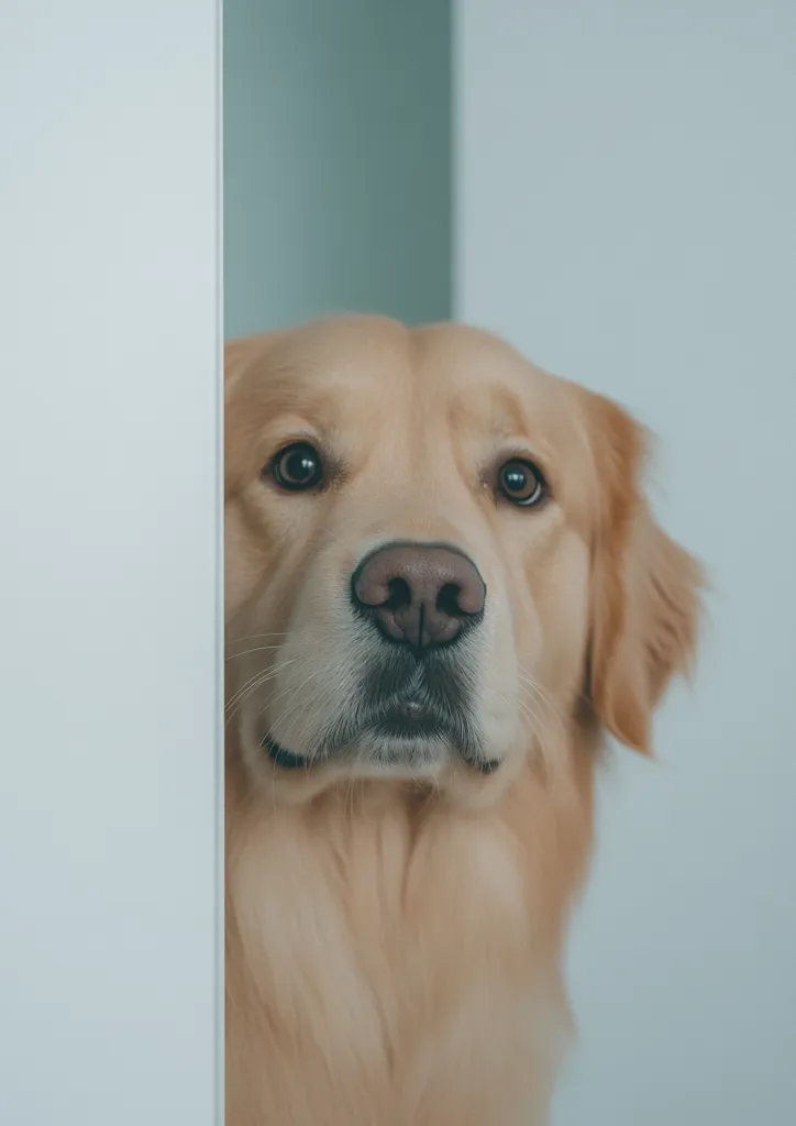 A golden retriever is peeking out from behind a white wall. Its brown eyes are looking directly at the camera, and its soft fur is visible. The dog's nose is pink, and its mouth is slightly open. The background is a light blue wall, creating a minimalist feel. The image captures the dog's curiosity and playful nature.