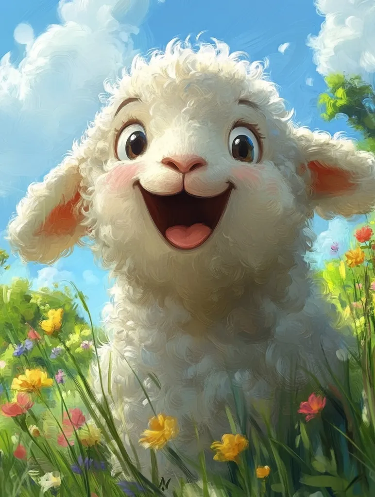 A fluffy white lamb with big brown eyes and a wide, toothy grin stands in a field of wildflowers. The lamb's fur is soft and inviting, and its expression is full of joy. The background is a blur of green grass and colorful flowers, creating a sense of peace and tranquility. The sky is a bright blue with fluffy white clouds. The image captures the innocence and joy of childhood, and the beauty of nature.