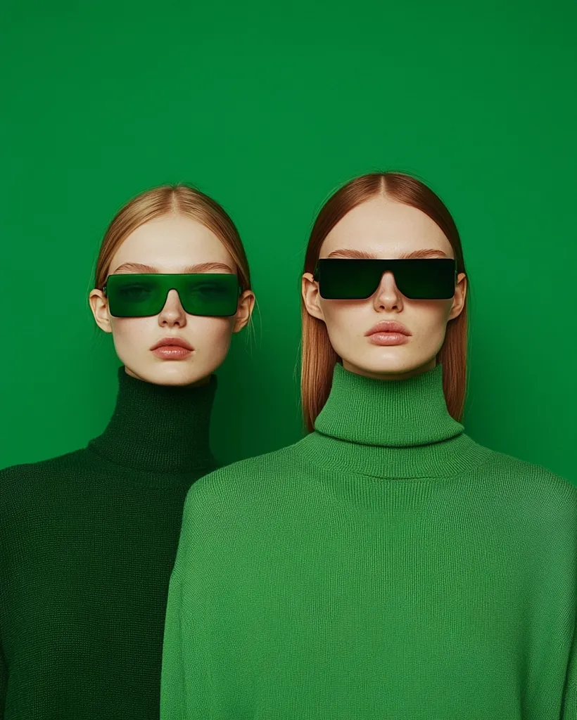 Two women, dressed in green turtlenecks, stand against a bright green background. The woman on the left has short, straight hair and is wearing green-tinted sunglasses. The woman on the right has longer, straight hair and is wearing black sunglasses. They both have serious expressions. The focus is on their faces and the contrast between the black and green colors.
