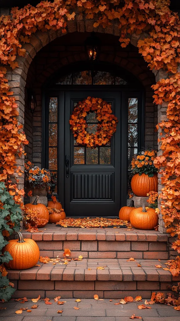 A black front door with a fall-themed wreath is surrounded by vibrant orange leaves, pumpkins, and brick steps. The scene evokes a cozy and inviting autumn atmosphere. The brickwork and surrounding foliage create a warm and inviting backdrop.