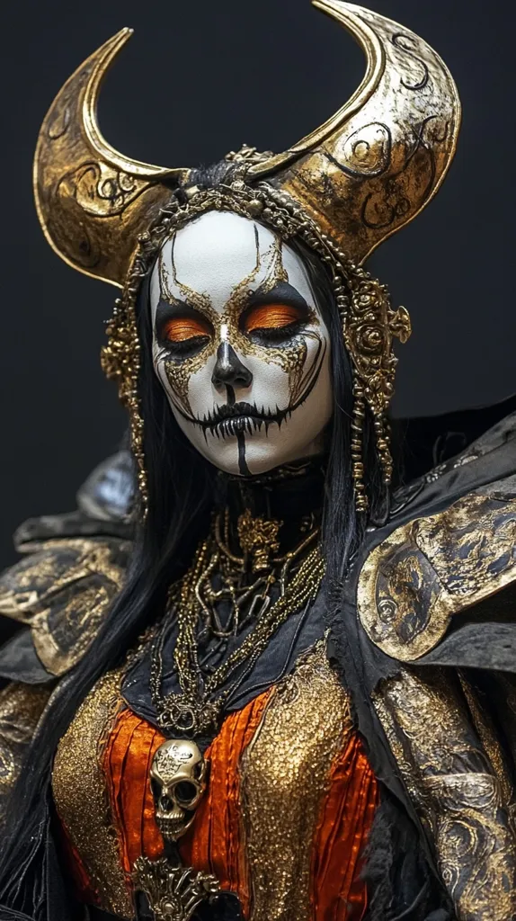 A woman with long black hair wears a skull-like makeup with golden accents and large, ornate golden horns. She is adorned with a thick gold necklace and a black and gold outfit, with a glimpse of an orange fabric underneath. The lighting is dramatic, highlighting the details of her costume and makeup. The overall image creates a striking and slightly menacing atmosphere.