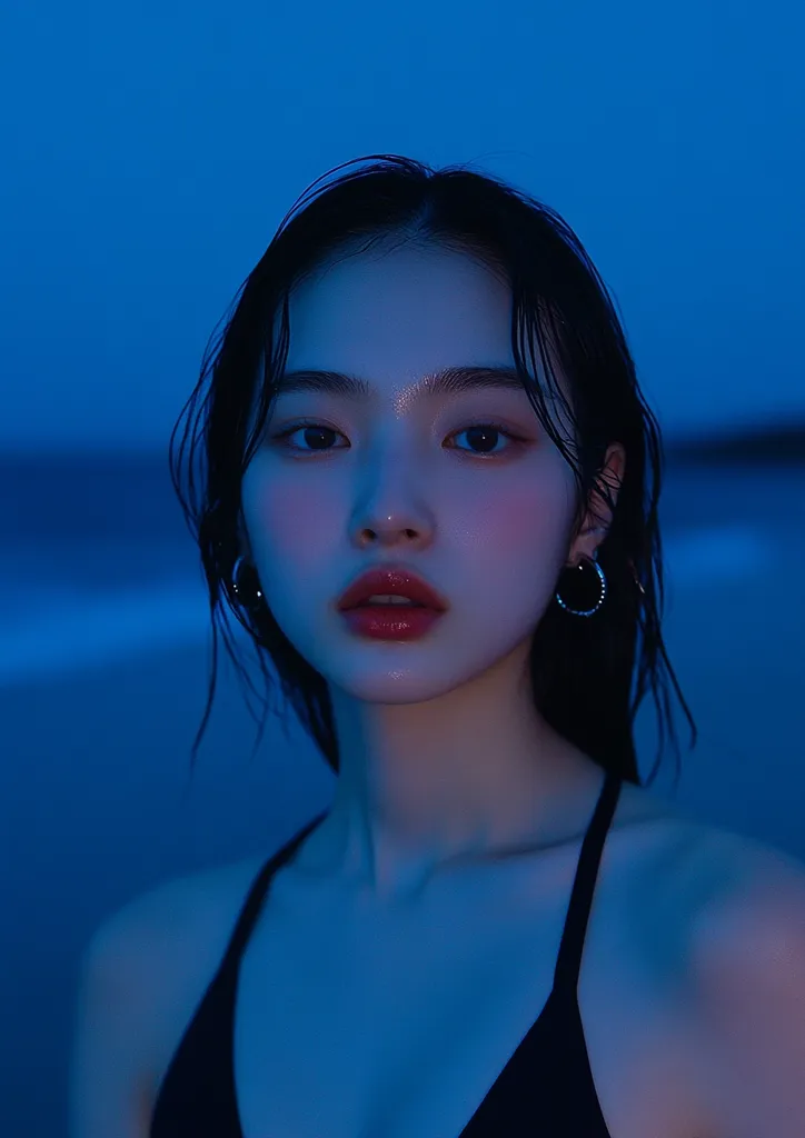 A young woman with dark hair, wearing a black halter top, stares intently at the camera. The background is a vibrant blue, creating a striking contrast. Her skin glows, and her lips are a bold red. The overall image is moody and atmospheric, capturing a sense of cool confidence.