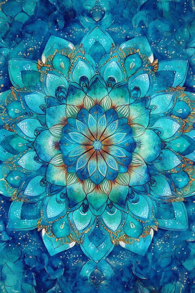 A symmetrical mandala with a vibrant turquoise and teal color palette. The center is adorned with a detailed flower design, surrounded by intricate, layered petals that create a circular pattern. The background is a subtle blend of blues and hints of gold, adding depth and texture to the artwork. The intricate details and harmonious color combinations evoke a sense of peace and serenity.