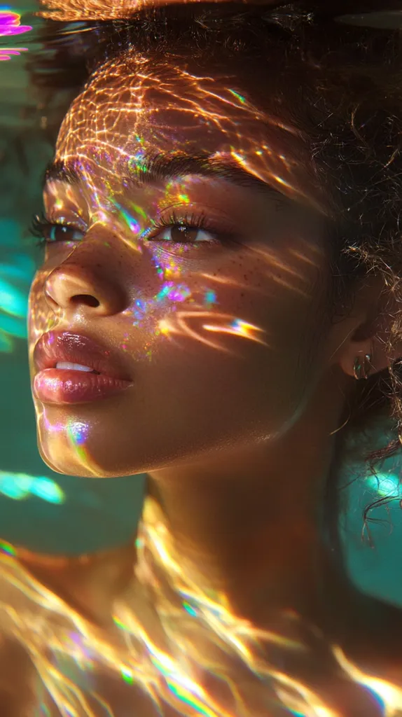 The image shows a close-up of a young woman's face, partially submerged in water. Her skin is glowing with a soft, ethereal light, and her features are blurred by the rippling water. The water reflects the sunlight in a kaleidoscope of colors, creating a dreamlike effect. Her dark hair is partially obscured by the water, and her eyes are closed in a state of peaceful relaxation. The image evokes a sense of tranquility and beauty.