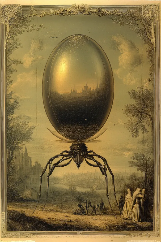 A large, golden egg-shaped object, suspended by spindly, mechanical legs, hovers over a distant cityscape. The egg reflects a hazy image of buildings and trees. The scene is set against a backdrop of a cloudy sky and a leafy forest, with small figures of people observing the spectacle in the foreground. The overall tone of the image is fantastical and otherworldly, with an air of mystery and wonder.