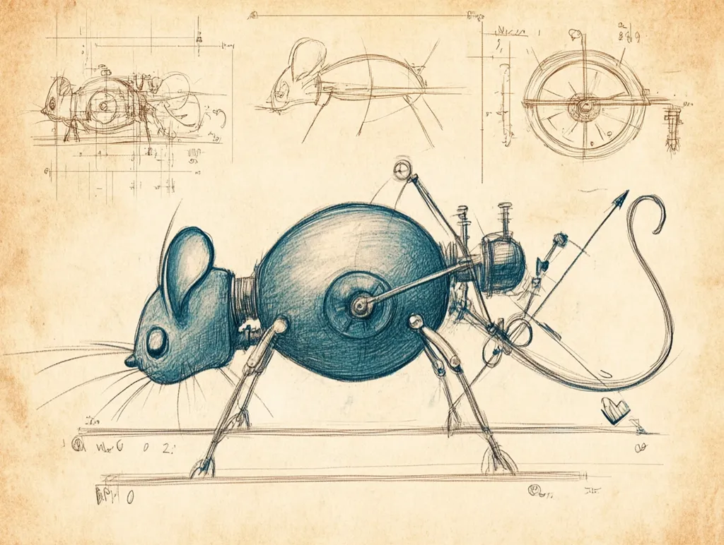 The image is a sketch of a mechanical mouse. The mouse is drawn in a realistic style, and it has intricate details. The mouse's body is made of metal, and it has gears and other machinery visible. The mouse is shown walking on a platform, and its tail is curled up. The sketch is made in blue and brown pencils on a cream-colored background. The sketch is surrounded by engineering blueprints and annotations. The image has a whimsical and steampunk aesthetic.