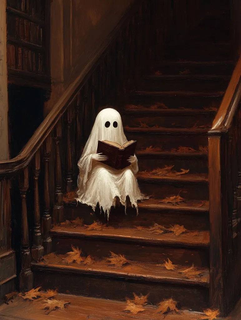 A ghost sits on a wooden staircase, reading a book. The ghost is white and translucent, with two black eyes. The staircase is made of dark wood, and there are fallen leaves scattered on the steps. The ghost's presence is ethereal and mysterious.  The image has a haunting and beautiful atmosphere.  The lighting is dim, casting long shadows and creating a sense of depth. The overall effect is one of peace and contemplation.