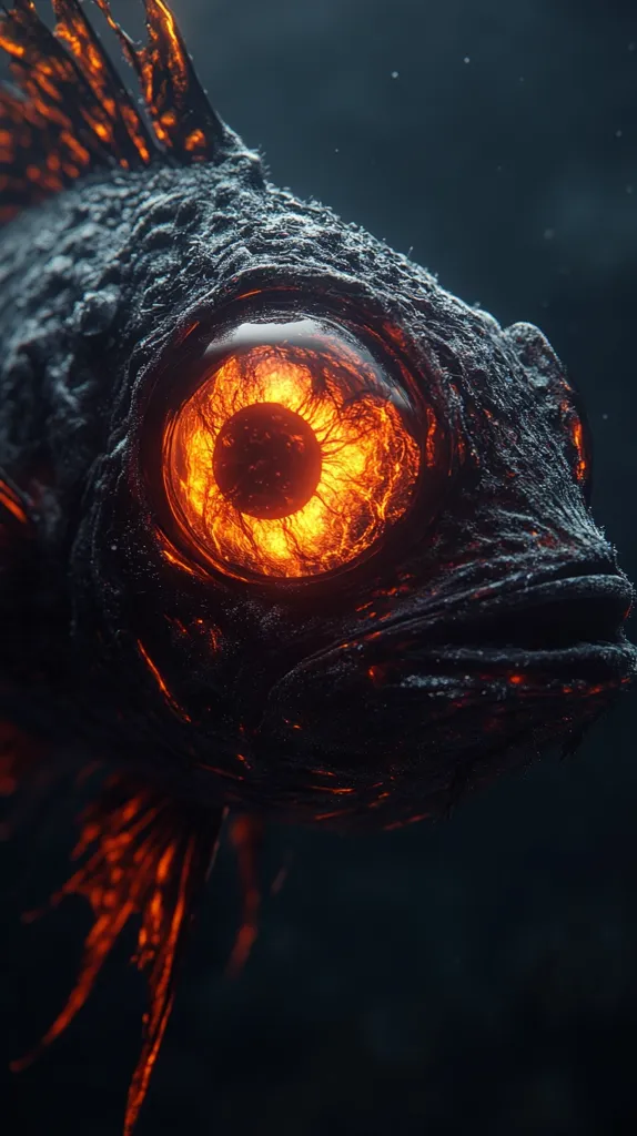 The image shows a close-up of a dark, textured fish with a glowing orange eye. The fish's body is made of a rough, rock-like material, and its eye is bright and intense. The background is a blurry blue-grey, suggesting the fish is underwater. The image is surreal and otherworldly, with a sense of mystery and danger.  The fish's eye draws the viewer in, creating a sense of intrigue and fascination.