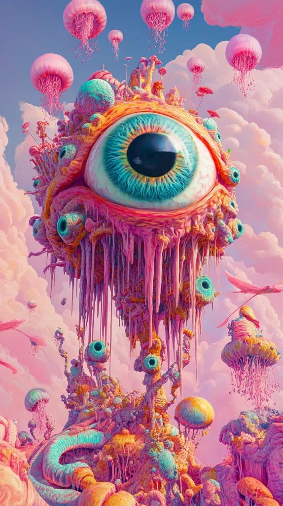 A surreal landscape with a large, dripping eyeball at its center. The eyeball is surrounded by pink, fleshy tendrils, and a myriad of other eyes and strange, organic structures. The background is filled with floating jellyfish and pink clouds, creating a dreamlike and otherworldly atmosphere.  The vibrant colors and bizarre shapes evoke a sense of wonder and disorientation.
