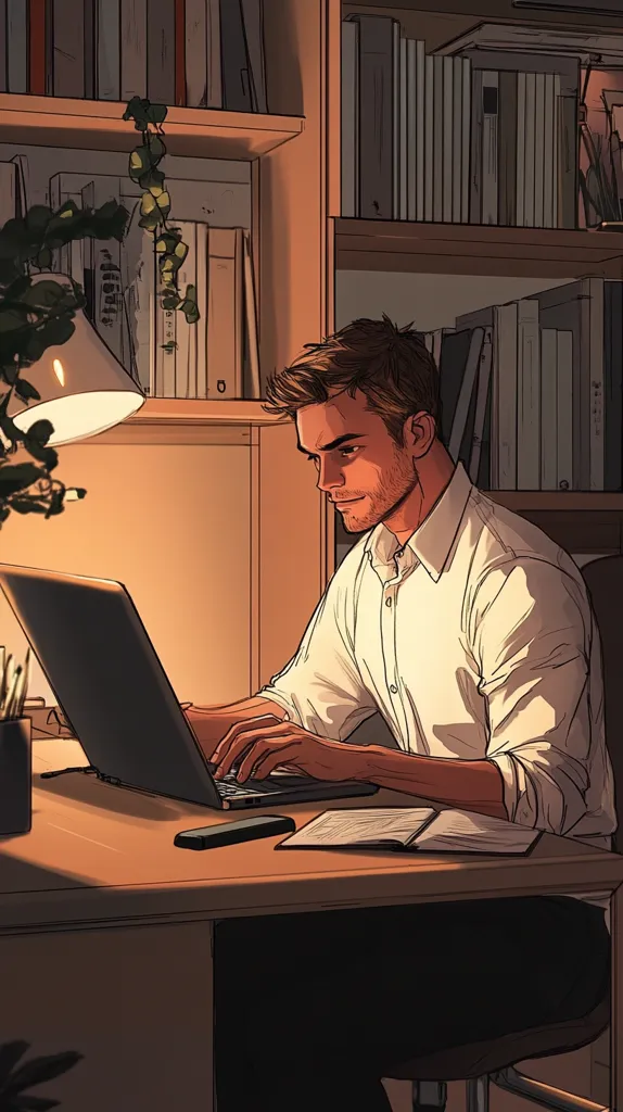 A man with brown hair and a white shirt sits at a desk, using a laptop. He is illuminated by a lamp, and a bookshelf with various books is behind him. The scene is drawn in a comic book style, with thick lines and vibrant colors. The warm lighting creates a cozy atmosphere. The man's focused expression suggests he is working diligently.