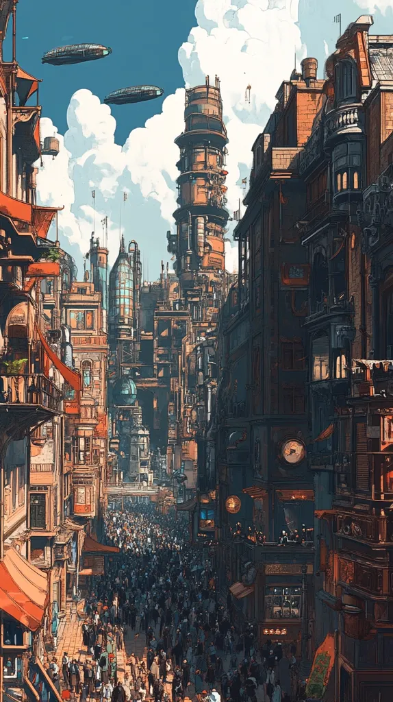 A bustling street scene in a futuristic city. Tall, intricately designed buildings line both sides of the street, with a towering, ornate structure in the distance.  The street is crowded with people, creating a sense of vibrant urban life. Airplanes fly overhead, hinting at advanced technology. The overall atmosphere is a blend of fantasy and science fiction, evoking a sense of wonder and excitement.