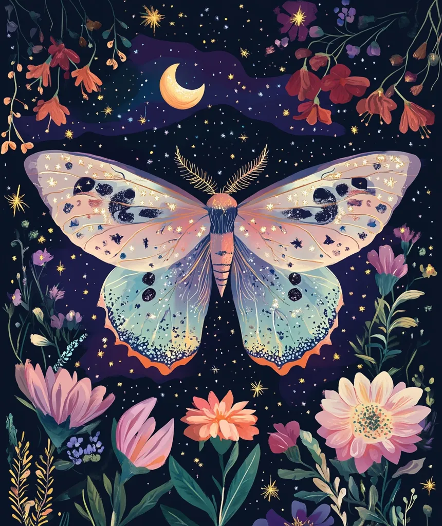 A large, iridescent moth with intricate wings takes center stage against a dark background of a night sky dotted with stars and a crescent moon.  Surrounding the moth are blooming flowers in various shades of pink, red, and purple, creating a delicate and whimsical floral border.  The overall composition evokes a sense of magical realism and invites the viewer to contemplate the beauty of nature's wonders.
