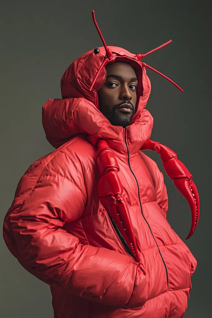 A man wears a bright red puffer jacket with a lobster-shaped hood. The jacket is oversized and the hood has a long, curved body and claws. He is looking at the camera with a serious expression. The background is a plain gray wall. The image is playful and bold, with a hint of irony.
