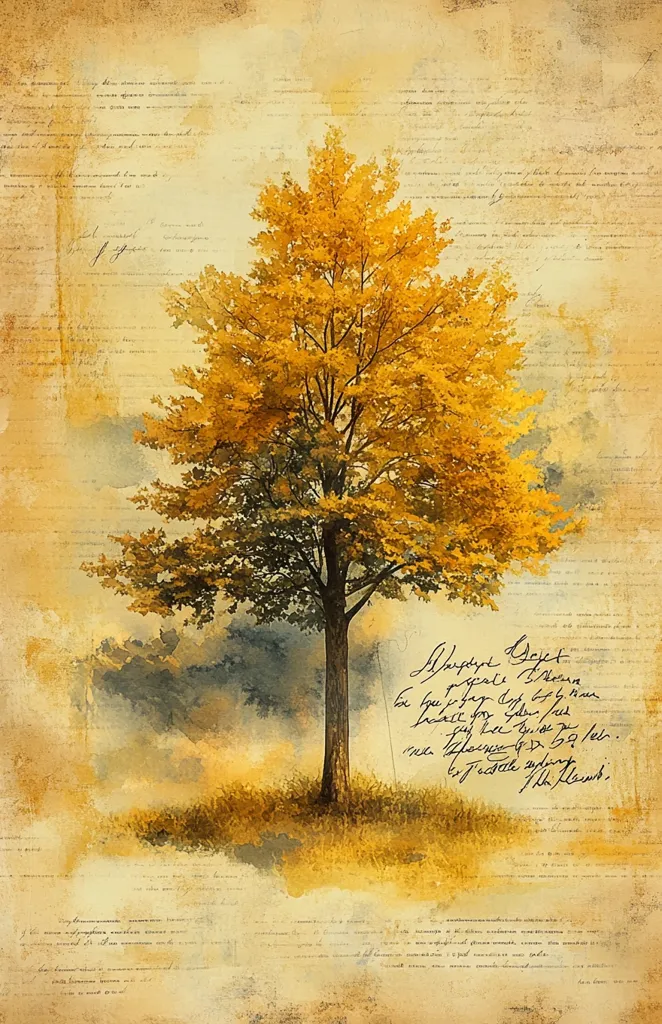 A lone tree with golden leaves stands in a field of grass. The background is a textured, faded parchment, covered in handwritten text. The scene evokes a sense of nostalgia and tranquility, reminiscent of a forgotten story or cherished memory. The tree's vibrant color contrasts with the muted tones of the background, creating a visual focus point and a feeling of peace.