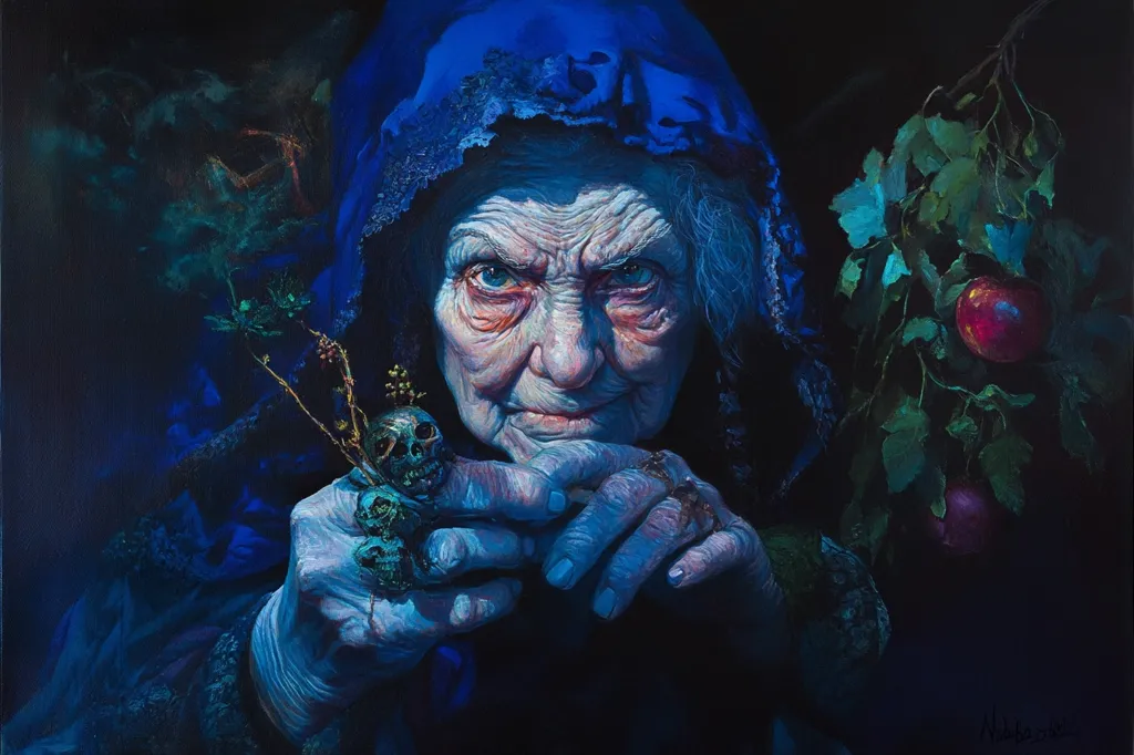 The painting depicts an elderly woman with a stern expression. She is dressed in a dark blue robe, her hood pulled low over her head. Her hands are clasped together, and she holds a small skull in her grasp. The background is dark and shadowy, with a sprig of leaves and a few apples visible. The overall atmosphere is eerie and mysterious.