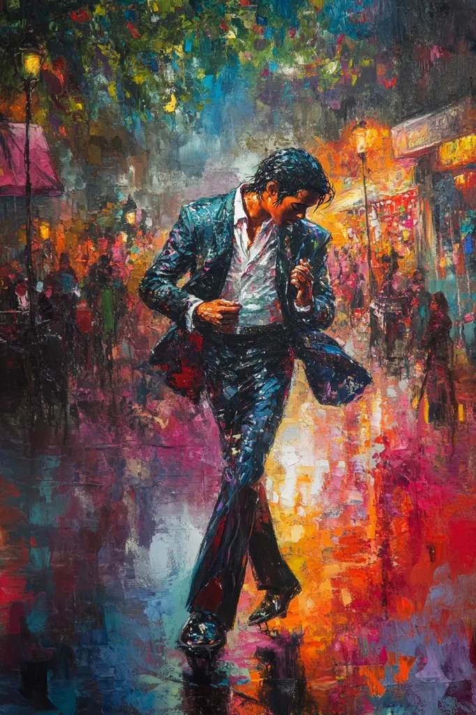 The painting depicts a man in a suit walking down a street at night. The background is a blur of colorful lights and figures, suggesting a bustling city scene. The man's face is obscured by shadows, but his pose and the overall mood of the painting convey a sense of confidence and mystery. The painting is rendered in a bold and expressive style, with thick strokes of paint and a vibrant palette.  The overall effect is one of movement and energy.