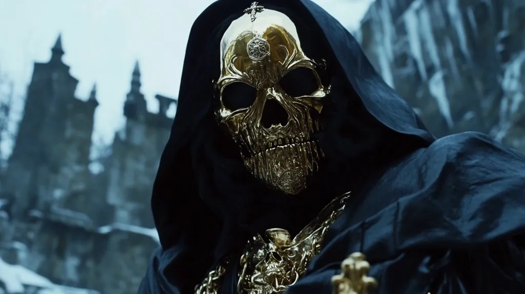 A figure in a black hooded robe stands in front of a blurry, snow-covered castle. The figure is wearing a golden skull mask with intricate details and a gold chain around their neck. The image has a dark and mysterious feel.