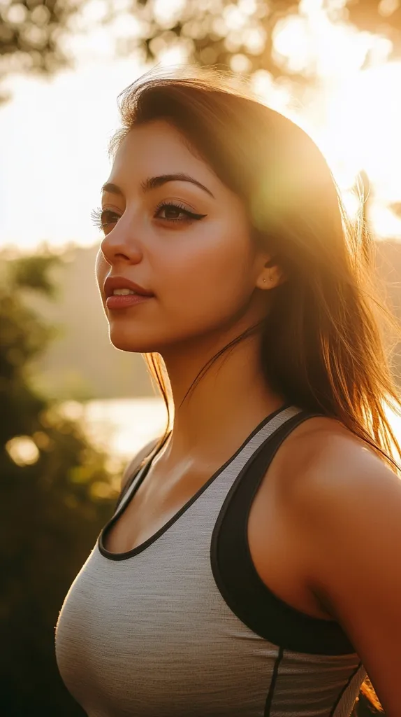 A young woman with long brown hair is wearing a grey sports bra and looking off to the side. The sun is shining behind her, creating a warm glow around her. She has a gentle smile and her eyes are closed. The image captures a moment of peace and tranquility.