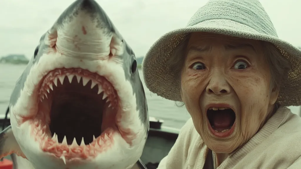 The image shows a close-up of a woman's face, wearing a straw hat and a white sweater. Her mouth is open in a wide scream, eyes wide with terror. Beside her is a large great white shark with its jaws open, revealing rows of sharp teeth. The image evokes a sense of fear and danger.