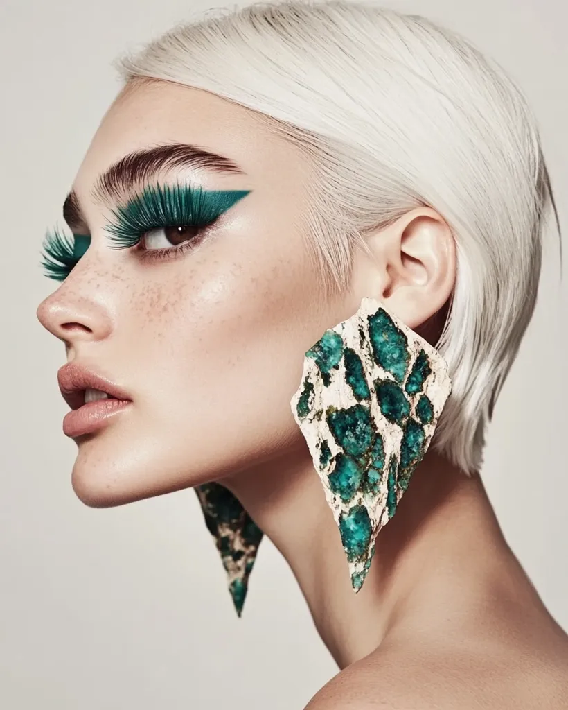 A woman with platinum blonde hair and a sharp, angled bob haircut poses with her head tilted to the side. Her gaze is directed off-camera. She wears dramatic emerald green eye makeup and large statement earrings crafted from white and green materials that resemble broken stones. The background is a plain white.  The image is a fashion portrait showcasing bold makeup and jewelry.