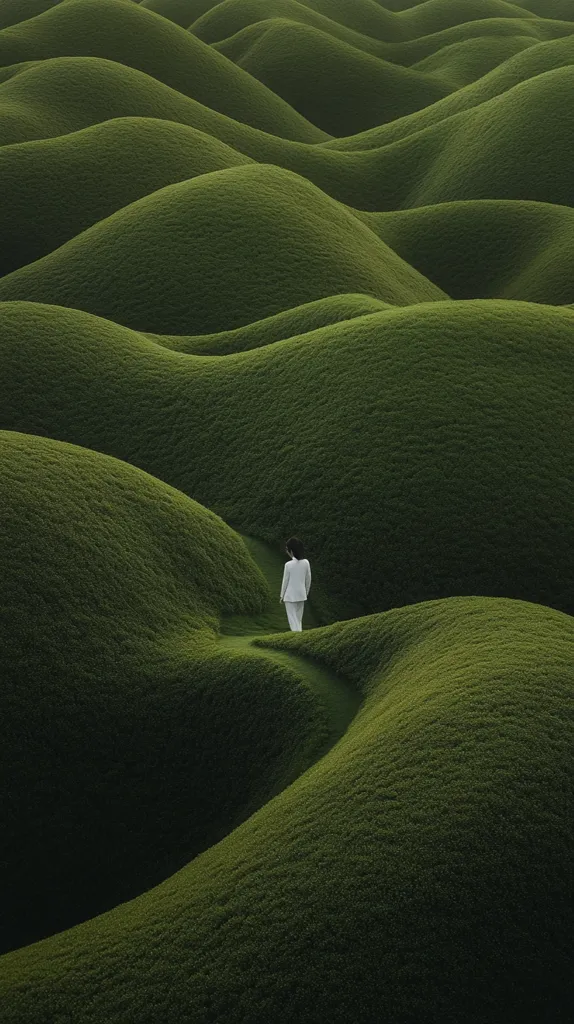 A lone figure in a white suit walks along a path winding through a field of rolling, grassy hills. The hills are lush and green, creating a surreal and peaceful landscape. The figure appears small and insignificant against the vastness of the natural surroundings, emphasizing the power and beauty of nature.  The scene is captured from a high angle, providing a panoramic view of the undulating hills and the solitary figure navigating their way through this unique terrain.