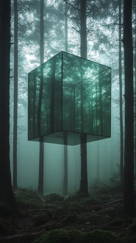 A glass cube structure, suspended high above the forest floor, blends seamlessly with the misty, ethereal atmosphere of a dense, ancient forest.  The cube reflects the surrounding trees, creating a dreamlike illusion that blurs the line between the built world and the natural environment.  The fog adds to the sense of mystery and tranquility, making it seem as though the structure has always been a part of the forest, as if it has been there for centuries.  The image evokes feelings of isolation and wonder, inspiring contemplation and a sense of awe at the beauty and power of nature.