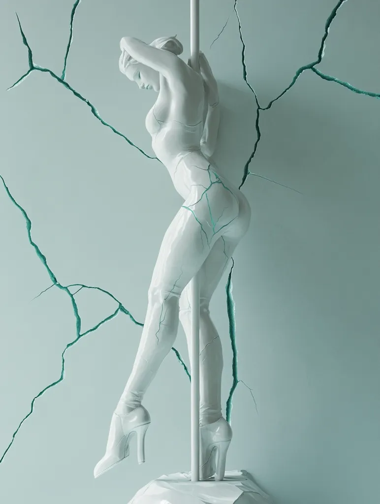A white,  stylized sculpture of a woman in a suggestive pose is positioned against a pale blue background. The background has cracks running through it in a light teal color. The woman is posed on a pole, her body contorted in a sensual manner.  She wears white boots and her long, white hair is pulled back.  The image has a stark, modern feel.  The use of white and the cracked background creates a sense of fragility and a fractured reality.