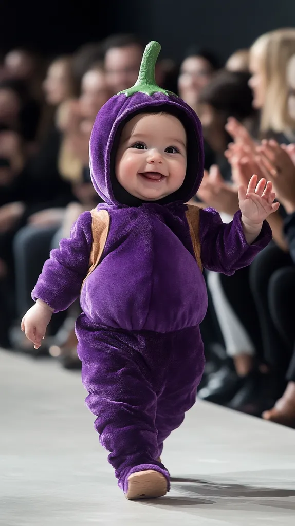 A baby, dressed in a purple eggplant costume, walks down a runway. The baby has a big smile on its face and its arms are outstretched.  There is a crowd of people seated in the background watching the baby walk.  The baby is wearing a brown belt and a small backpack.  The baby's feet are in soft purple shoes.  The backdrop is a white floor and a grey wall in the background.