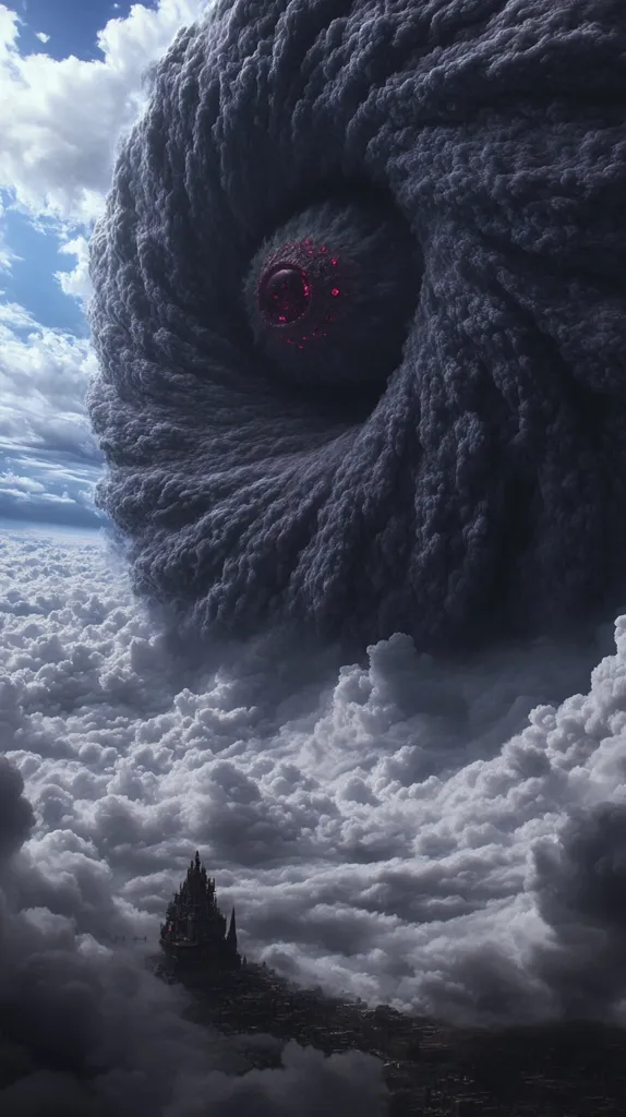 A swirling, dark cloud formation dominates the sky, resembling a monstrous eye with a red center. It looms above a landscape of fluffy white clouds and a dark, shadowy structure that appears to be a tall castle, perhaps a foreboding fortress. The scene evokes a sense of mystery and impending drama.