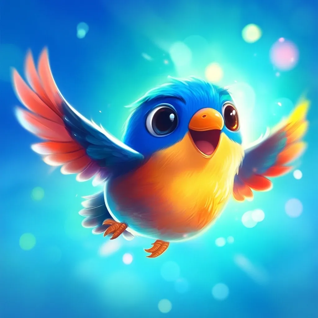 The image depicts a cartoon bird with bright blue and orange plumage. It has large, round eyes and a wide, open beak, suggesting happiness and cheerfulness. The bird is flying with its wings spread, against a bright blue background with scattered bokeh. The overall mood of the image is playful and lighthearted, with a focus on the bird's cheerful expression.  The image evokes feelings of joy and innocence.
