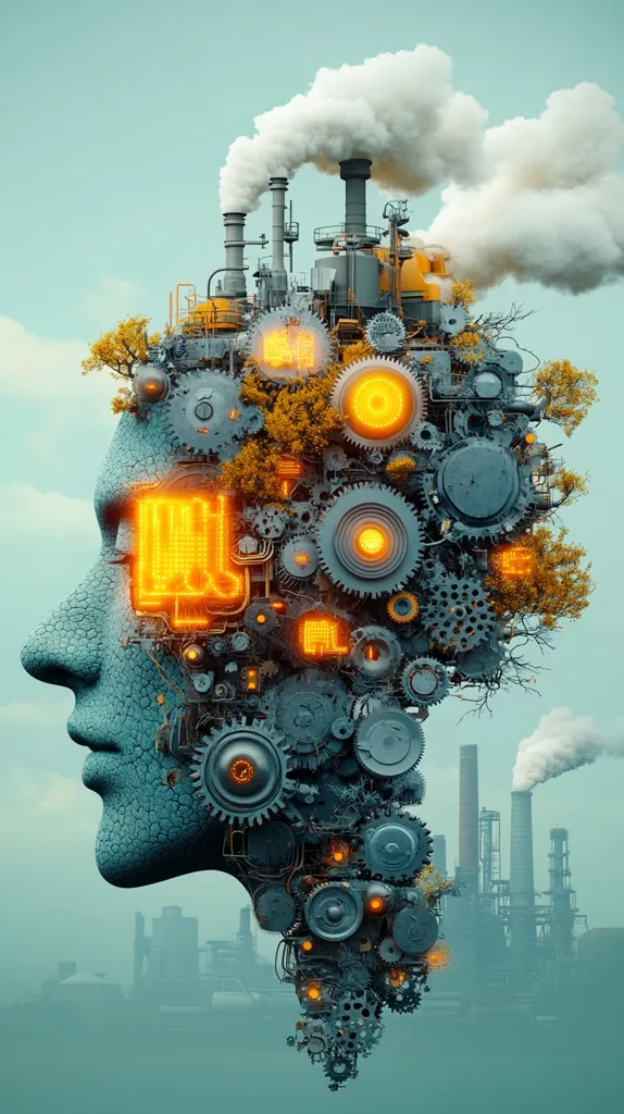 A surreal image depicting a human head composed of industrial machinery and gears, with smoke billowing from chimneys in the background. The head's profile is visible, with a textured, rough surface. The machinery forms a complex, intricate network, with glowing orange elements interspersed amongst the metallic components. The background is a hazy, industrial landscape, emphasizing the theme of industry and its impact on the environment.
