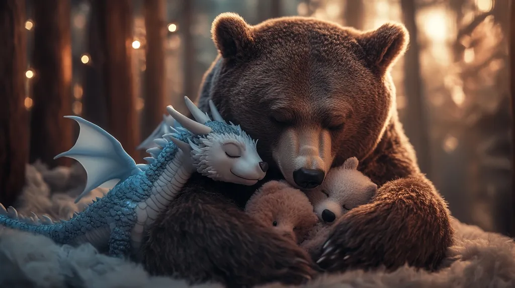 A large brown bear is cuddling with a blue dragon, a white teddy bear, and a brown teddy bear. They are all laying on a fluffy white surface with a blurry forest background. The bear and dragon are both closed-eyed, suggesting they are sleeping.  The image evokes a sense of warmth, comfort, and togetherness.