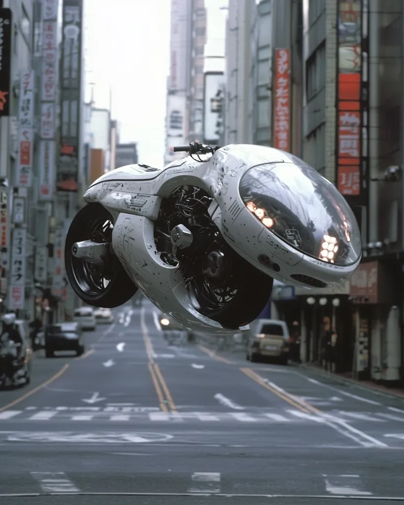 A futuristic, white motorcycle floats upside down in mid-air above a deserted street in a Japanese city. The motorcycle has a sleek, rounded design with a large, clear canopy. The city is lined with tall buildings and the street is marked with yellow lines. The scene is reminiscent of a futuristic film or video game.