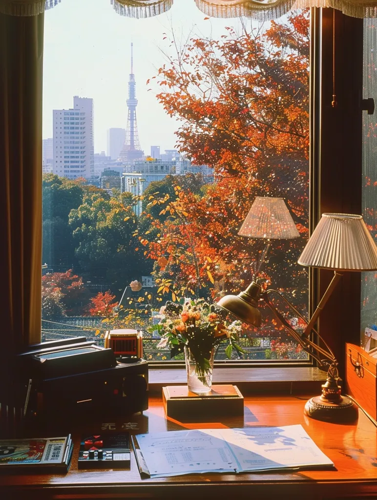 A desk sits by a window overlooking a city skyline. A tall tower stands in the distance, and leaves of a nearby tree are turning red and orange.  The desk is adorned with a lamp, a vase of flowers, and an open notebook. The scene is a mix of urban and natural beauty, with the window frame acting as a partition between the two.  The warm light from the window illuminates the desk, creating a cozy and inviting atmosphere.
