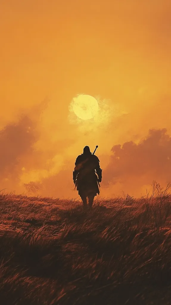 The image depicts a solitary figure, a knight in silhouette, walking across a grassy field towards a large, bright sun in the sky. The setting sun bathes the scene in a warm, orange glow, creating a dramatic and atmospheric backdrop for the lone knight's journey. The image suggests themes of adventure, solitude, and the pursuit of a distant goal.