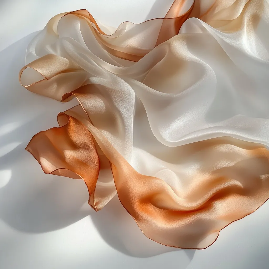 The image is a close-up of a white and orange silk scarf. The fabric is soft and flowing, with a subtle ombre effect. The light catches the folds of the silk, highlighting its delicate texture. The scarf appears to be draped on a white surface, creating a sense of calm and elegance.
