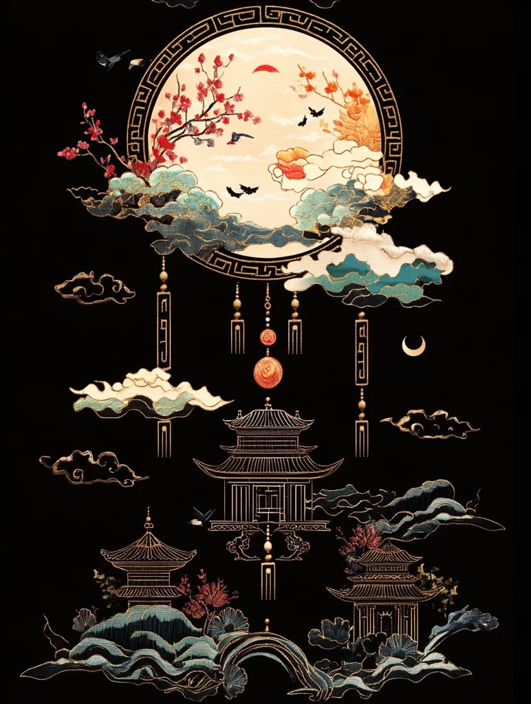 The image depicts a complex and intricate design of a circular frame with a cherry blossom branch and clouds within it. The frame is adorned with a golden border. Below it hang three golden chains adorned with small golden circles. The design is set against a black background. In the foreground, three traditional Japanese temples are depicted, adding a sense of serenity and history. The entire scene is rendered in a delicate and stylized manner, evoking a sense of elegance and beauty.