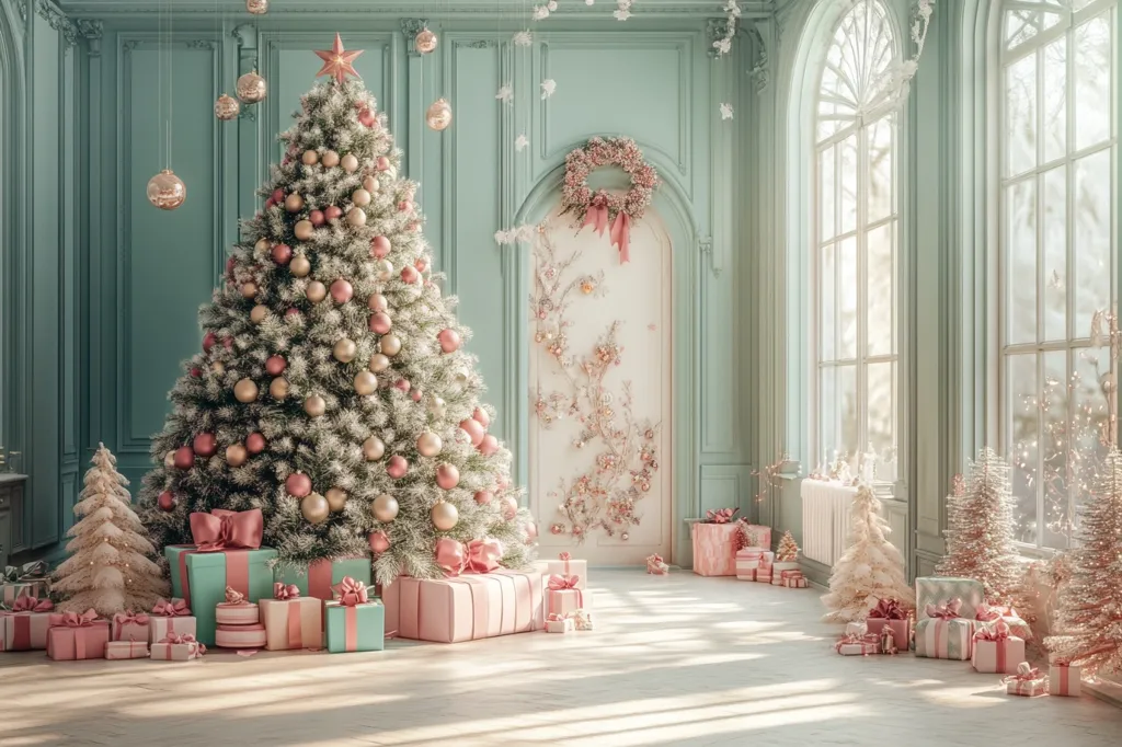 A large Christmas tree adorned with pink and gold ornaments stands in a light green room. The tree is decorated with snow and surrounded by wrapped presents. The room features tall windows, white paneled walls, and delicate floral patterns.  A wreath hangs on a large, ornate door. The overall atmosphere is serene and elegant.
