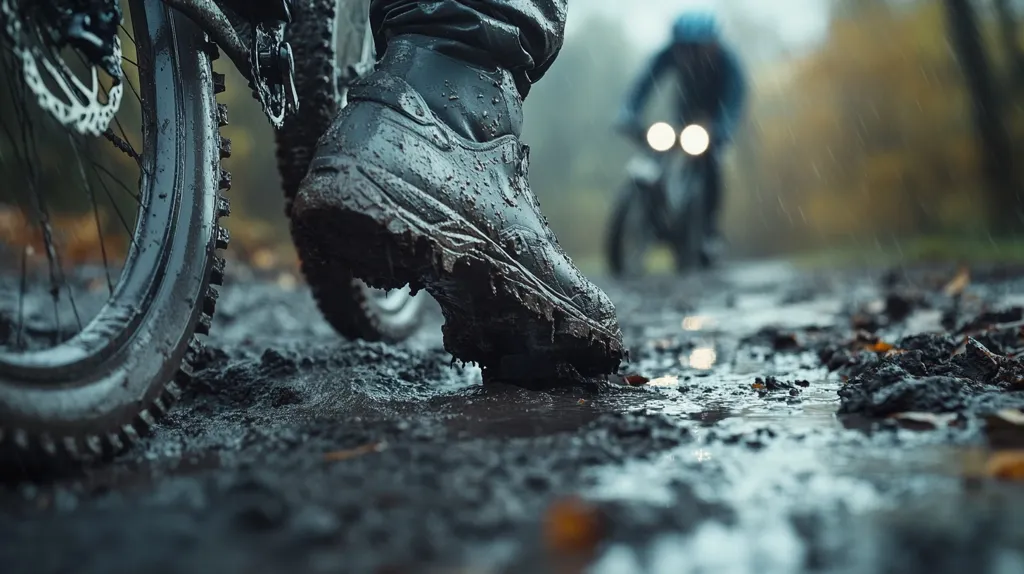 The image shows a close-up of a muddy bike tire and a boot, with a blurred background of a person on a motorcycle riding on a wet, muddy road. The image captures the feeling of a rainy day and the gritty texture of the mud. The focus is on the details of the tire and boot, highlighting the effects of the muddy terrain. The image has a moody and gritty feel, emphasizing the harshness of the weather.