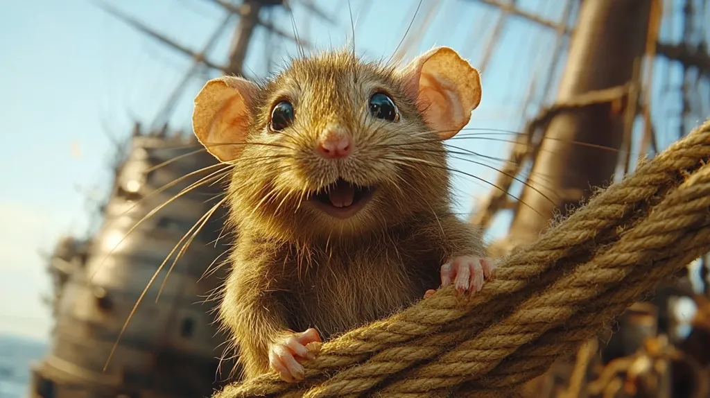 A close-up shot of a brown rat with large ears and whiskers,  smiling widely with its mouth open, showing its teeth. The rat is clinging to a thick rope with its paws,  against the backdrop of a blurry, wooden sailing ship. The sun shines brightly, creating a warm, inviting atmosphere.