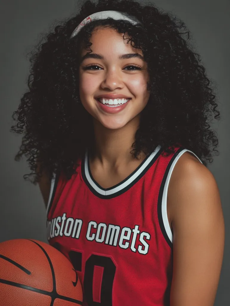 A young woman with long, curly black hair and a white headband smiles brightly at the camera. She is wearing a red basketball jersey with the words "Houston Comets" printed on the front. She is holding a basketball in her left hand and her right hand is resting on the ball. The background is a plain grey.