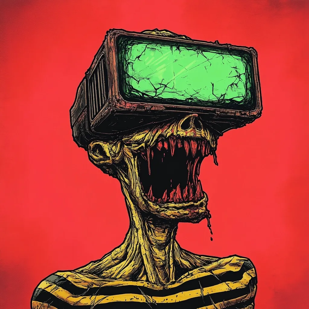 A grotesque, skeletal creature with a gaping maw and dripping saliva wears a large, archaic-looking VR headset with a cracked, green screen. The creature's decaying flesh is visible, with a striped shirt covering its emaciated form. The backdrop is a solid red, creating a stark contrast. The image evokes a chilling blend of horror and technological dystopia.