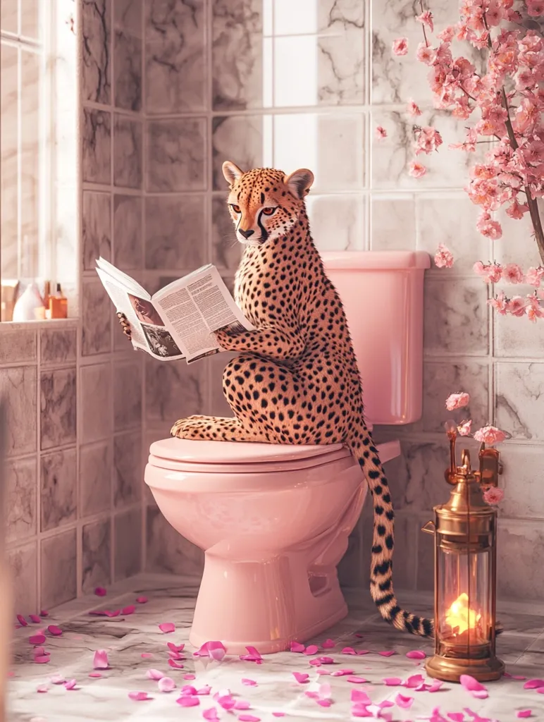 A cheetah sits on a pink toilet in a bathroom, reading a newspaper. The cheetah's tail drapes over the side of the toilet and onto the floor. The bathroom has pink tiles and a cherry blossom tree in the corner. Pink rose petals are scattered on the floor.  A golden lantern with a lit candle is beside the toilet.