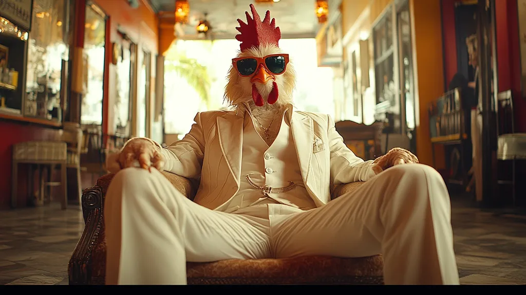 A man wearing a white suit and a rooster mask with sunglasses sits in a plush armchair. He has a serious expression on his face and looks directly at the camera. The background is blurred, suggesting an indoor setting with a warm, inviting atmosphere. The image is a humorous and slightly surreal portrayal of a man who is clearly in charge.